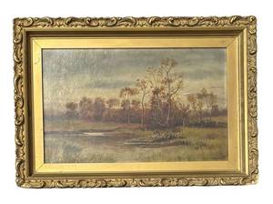 LL - Original Vintage Landscape Painting - Tree & Water Scene