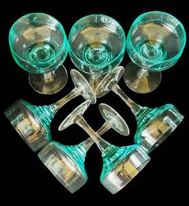 DR - Vintage Sasaki Aqua 5-Inch Hand-Blown Glass Goblets (Set of 6)