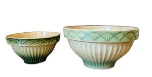 UL - Pair of Vintage Celadon Ribbed Ceramic Bowls - Green Glaze