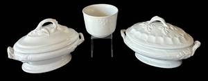 DR - John Maddock & Co Covered Tureen - White, 12in Dia, Leaf-Embossed