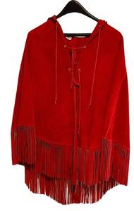 LS - Daytons Red Fringed Leather Poncho - Large (No Size Tag)