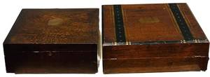 LL - Two Vintage Wooden Boxes - Plain Dark Box & Striped Decorative Box (Lot of 2)