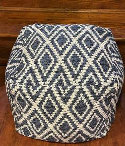 LL - Square Pillow Ottoman - Navy & Ivory Geometric Ikat Upholstered Pouf