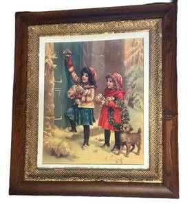 LL - Vintage Framed Christmas Print - Children with Gifts & Dog