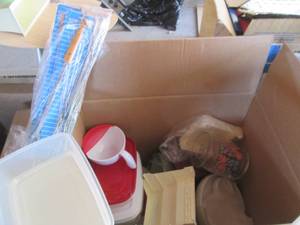 Huge box of kitchen supplies, tuppe...