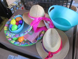 Easter decor, hats and decorative fish