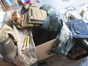 Lot of rain gear, hunting clothes and waders