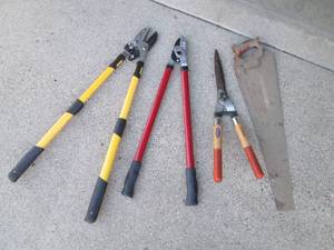 Lot of garden lopping shears and a saw