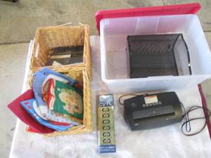 2 wicker baskets, trash can, paper ...