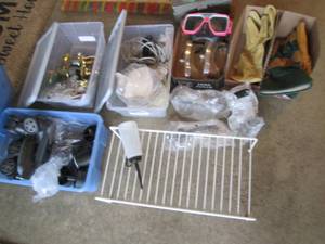 Lot of hardware, door knobs and protective gear