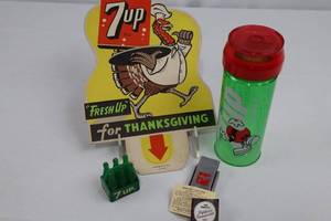 7up Promotional Sign, Mini Bottles & Barlow Lighter (Lot of 4)