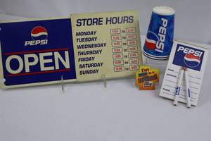 Pepsi Advertising Sign Set, Cup Display, Memo Pad & Magnet (Lot of 4)