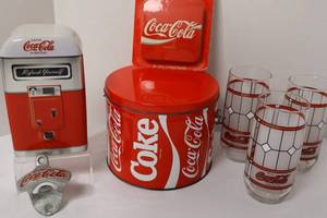 Coca-Cola Retro Tin, Bottle Opener, Coasters & Frosted Glasses Set (11 Pieces)