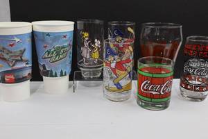 Coca-Cola Novelty Glassware, All Star Cups & Crate (Lot of 9)