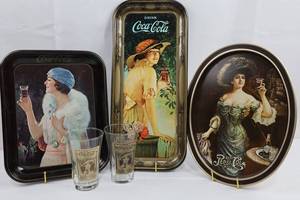 Coca-Cola & Pepsi-Cola Vintage Style Trays With 2 Archive Glasses (Lot of 5)