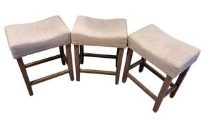 Set of 3 Upholstered Counter Height Stools  Neutral Fabric & Wood Finish