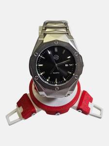 AJ Mens Silver Tone Designer Style Watch w Box  Black Dial  Retail $329
