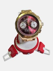 Miykon Mens 49mm Gold Tone Watch Red Dial Seiko Movement  Retail $289