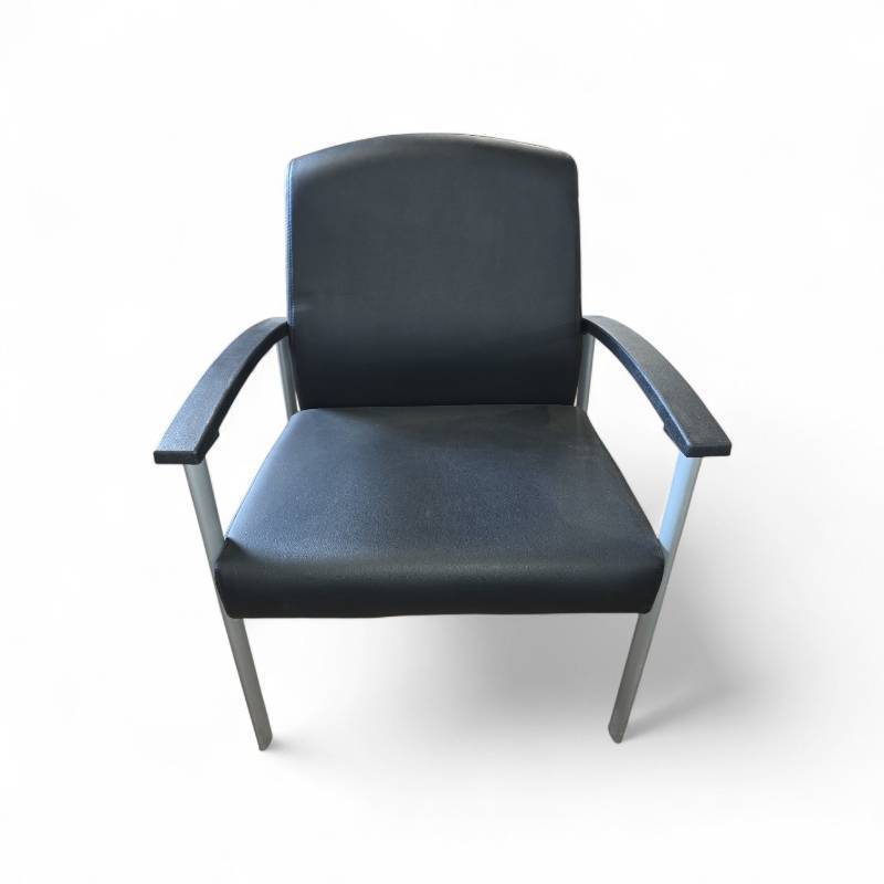 Lorell healthcare reception guest chair featuring black antimicrobial vinyl upholstery and a silver powder-coated steel frame.