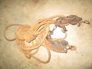 Vintage pulley hoist and rope...
