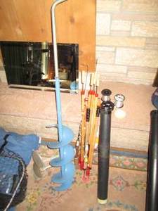 Ice fishing poles, scoops, sinkers,...