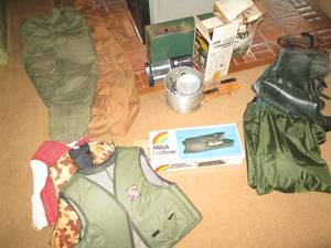Camping cookware, Coleman unleaded two-mantle lantern, life vests, water waders, Mr Heater top Heater and more