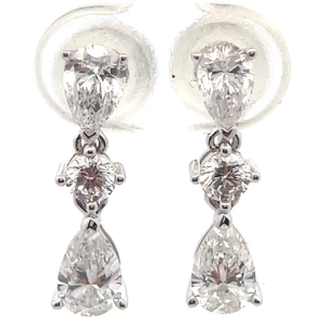 NEW 1.50 Carat Diamond Pear & Round Three-Stone Dangle Earrings in 14k White Gold VIDEO