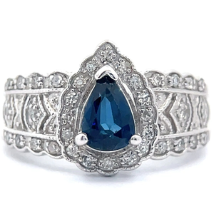 Natural Blue Sapphire & Pav Natural Diamond Lace Halo Ring in 14k White Gold VIDEO