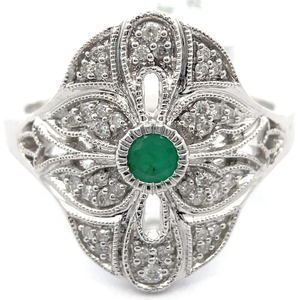 0.20 Carat Natural Emerald & Natural Diamond Vintage Lace Ring in White Gold VIDEO