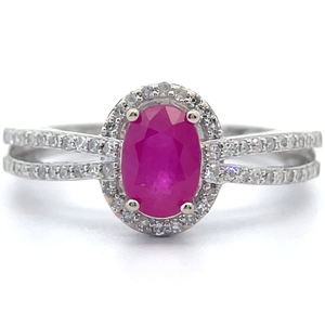 0.27 Carat Natural Ruby & Natural Diamond Halo Split Shank Cathedral Ring in 14k White Gold Retail $1,995 VIDEO