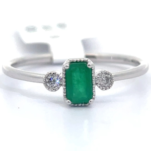 Natural Emerald & Natural Diamond Three-Stone Bezel Ring in White Gold VIDEO