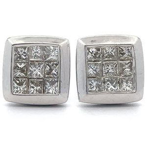 Natural Diamond Princess Square Bezel Stud Estate Earrings in 14k White Gold VIDEO
