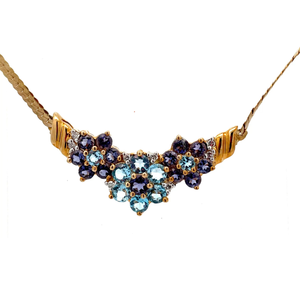 Estate 1.81 Carat Natural Topaz, Diamond & Iolite Flower Cluster Chevron Necklace in Yellow Gold VIDEO