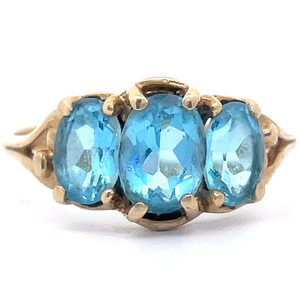 Three-Stone Oval Cut Natural Blue Topaz Ring in Yellow Gold VIDEO