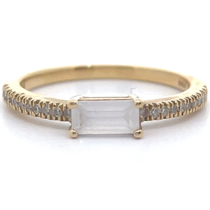 White Topaz & Pav Natural Diamond East-West Stacking Ring in 14k Yellow Gold VIDEO