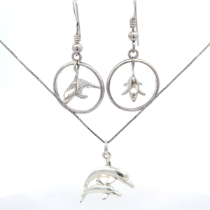 Made in Hawaii Jumping Dolphin in Hoop Matching Dangle Earrings & Pendant SET VIDEO