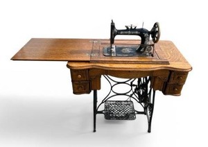 Antique Cast Iron New Home Sewing Machine (Orange, Massachusetts USA) in Original Cabinet