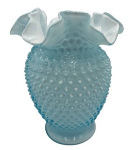 Vintage 6 Fenton Art Glass Light Blue Hobnail Ruffled Edge Vase