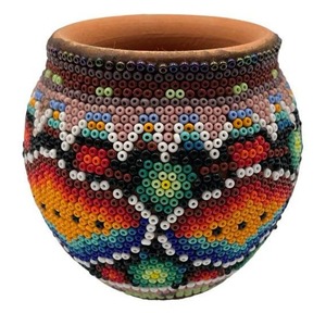 Vintage Huichol Mini Clay Pot with Intricate Bead Mosaic