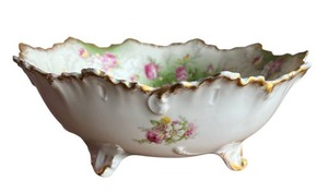 Antique Limoges (France) Porcelain Serving Bowl with Scalloped Rim, Pink Floral Sprays and Footed Design