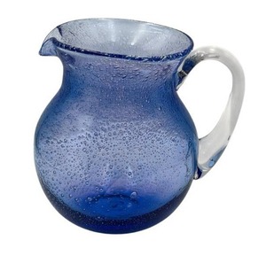 Vintage 7.5 Blue Hand Blown Glass Pitcher with Clear Handle