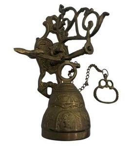 Vintage Wall Mount Hanging Brass Monastery Bell with Pull Chain in Good Working Condition