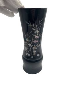 Vintage 9.5 French Black Lacquer Vase Featuring Inlaid Mother-Of-Pearl Floral & Bird Designs