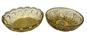 MCM Bartlett Collins Manhattan Amber Glass Bowl (3 T x 8.5 W) & Anchor Hocking Amber Pressed Glass Bowl Featuring the Medallion Honeygold Pattern (2.5 T x 8 W)