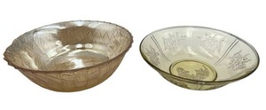 Vintage Amber Etched Depression Federal Glass Bowl (2.25 T x 8.5 W) & Indiana Glass Company Carnival Glass Bowl in Marigold Basket Weave Pattern (3 T x 9 W)