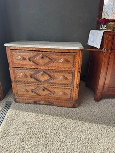 19th Century Walnut Inlaid Burlwood Marble Top Dresser