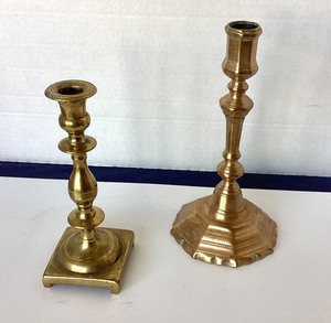 Mixed Pair of Antique Brass Candlesticks