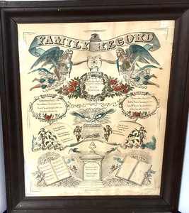 Framed Hand Colored 1842 Family Record