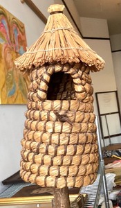 Folk Art Rye Straw Basketry Bird House