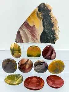 Mookaite Jasper is a unique Australian gemstone formed from ancient fossilized sea creatures that is prized by collectors for its vibrant, porcelain-like colors found in both raw slabs and smooth palm stones - (2 lbs 10.7 oz  1 kg 211 g)